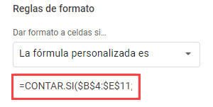 Regla de Formato Fórmula Personalizada en Google Sheets