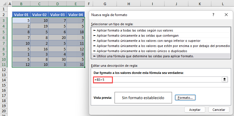 Regla de Formato Fórmula de Prueba para Resaltar una Celda en Excel