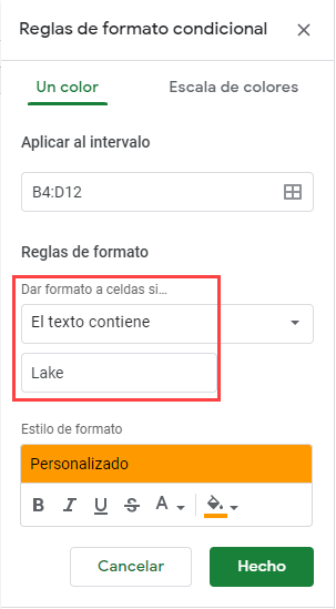 Regla de Formato Texto Contiene en Google Sheets