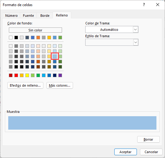 Relleno de Celdas Color Celeste en Excel