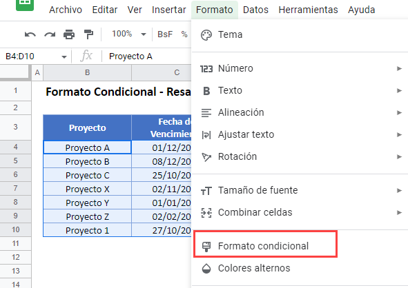 Resaltar Cada Dos Líneas Opción Formato Condicional en Google Sheets