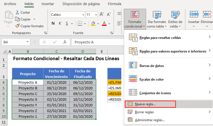 Resaltar Cada Dos Líneas Opción Nueva Regla en Excel