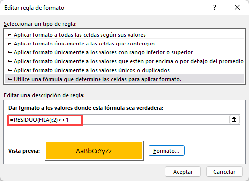 Resaltar Cada Dos Líneas Regla de Formato Función Residuo en Excel