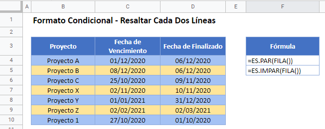 Resaltar Cada Dos Líneas en Google Sheets Escenario1