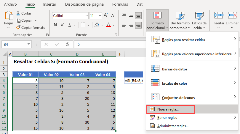 Resaltar Celdas Si Opción Nueva Regla en Excel