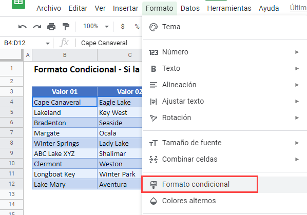 Resaltar Celdas con Texto Específico en Google Sheets paso1