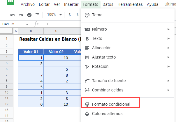 Resaltar Celdas en Blanco Opción Formato Condicional en Google Sheets