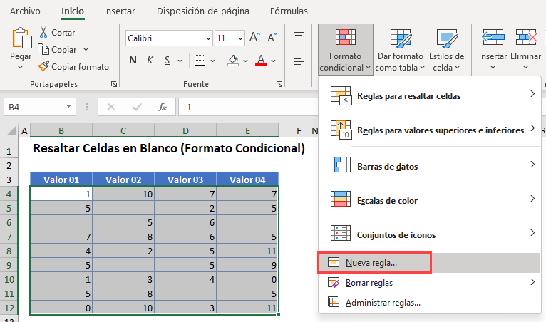 Resaltar Celdas en Blanco Opción Nueva Regla en Excel