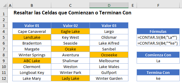 Resaltar Celdas que Comienzan o Terminan Con en Excel