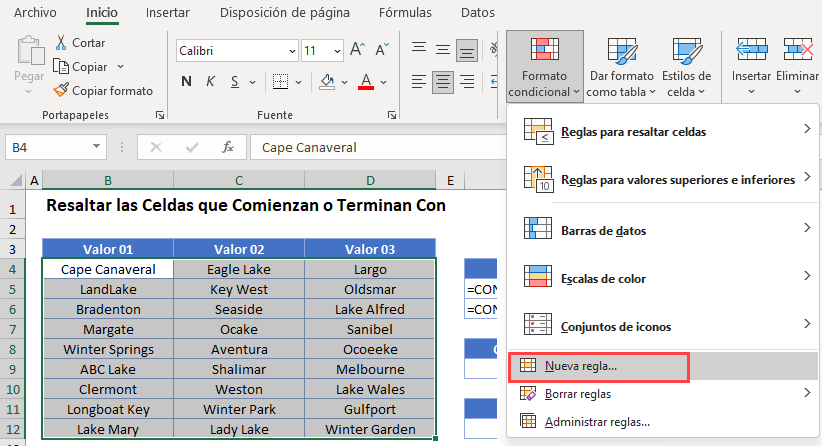 Resaltar Celdas que Comienzan o Terminan con Opción Nueva Regla en Excel