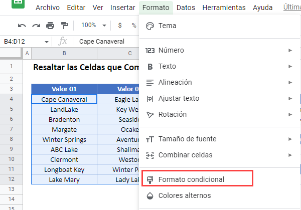 Resaltar Celdas que Comienzan o Terminan con Opción Nueva Regla en Google Sheets