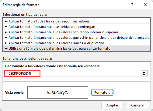 Resaltar Fila Si Celda Tiene Error Nueva Regla en Excel