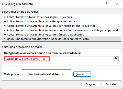 Resaltar Fila Si Celda Tiene Número Negativo Nueva Regla en Excel