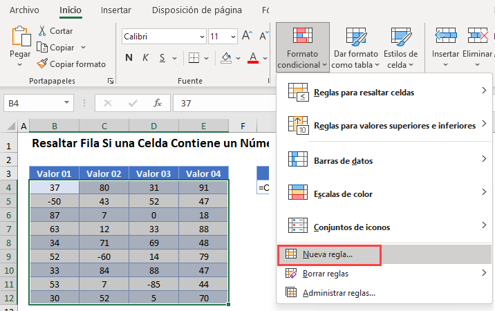 Resaltar Fila Si Celda Tiene Número Negativo Opción Nueva Regla en Excel