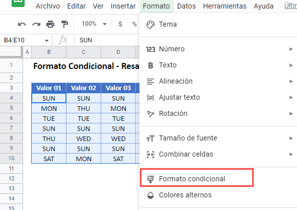 Resaltar Filas Duplicadas Opción Formato Condicional en Google Sheets