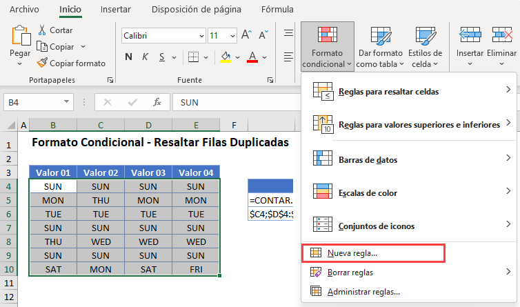 Resaltar Filas Duplicadas Opción Nueva Regla en Excel