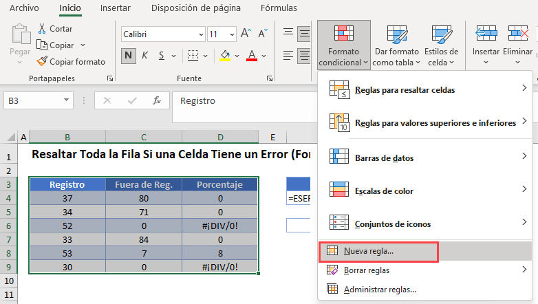 Resaltar Filas Si Celda Tiene Error Opción Nueva Regla en Excel