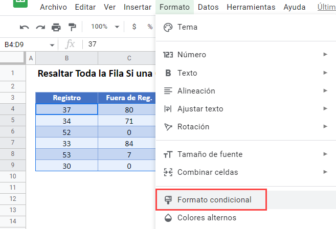 Resaltar Filas Si Hay Error Opción Formato Condicional en Google Sheets