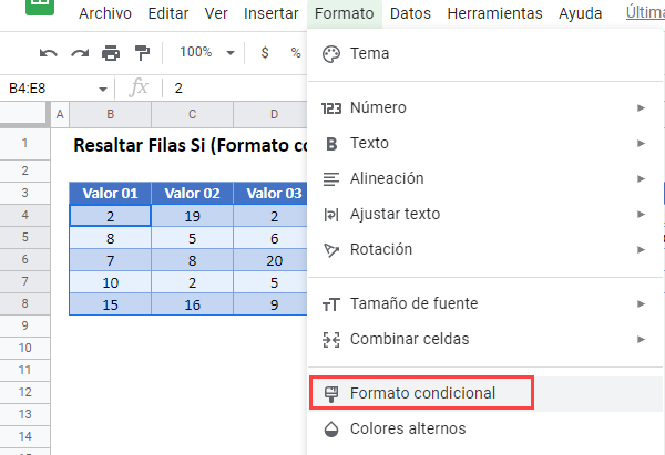 Resaltar Filas Si Opción Formato Condicional en Google Sheets