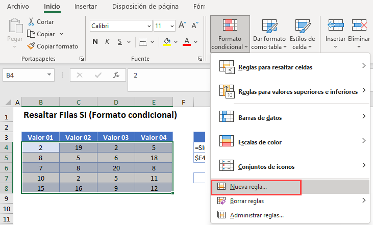 Resaltar Filas Si Opción Nueva Regla en Excel