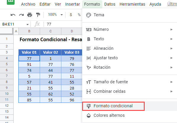 Resaltar Valores Duplicados Opción Formato Condicional en Google Sheets png