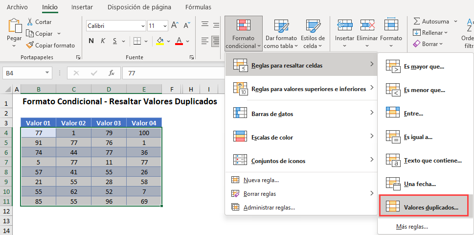 Resaltar Valores Duplicados Opción Valores Duplicados en Excel