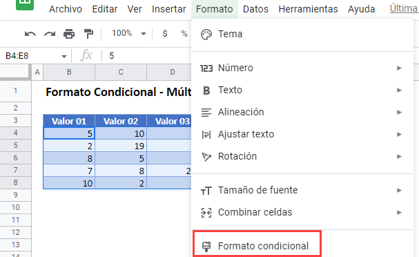 Seleccionar Rango para Dar Formato Condicional en Google Sheets