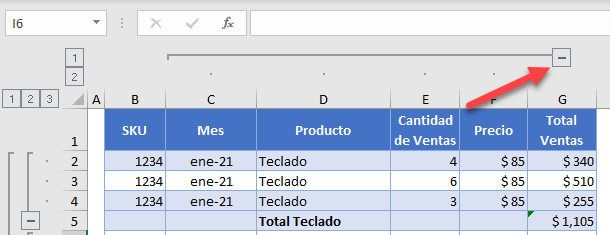 Signo Menos para Contraer Columnas en Excel