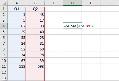 Suma de 2 Rangos Separados en Excel