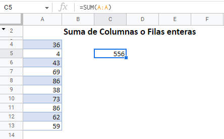 Suma de Columnas o Filas Enteras en Google Sheets