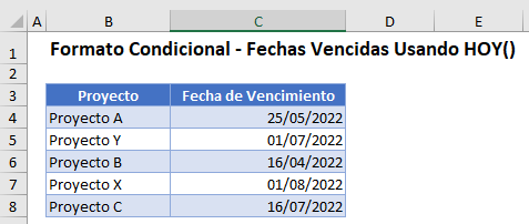 Tabla Ejemplo para Formato Condicional Fechas Vencidas en Excel