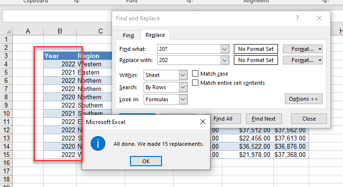 Wildcards select-replaced values questionmark