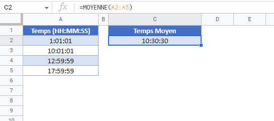 calculer moyenne temps google sheets