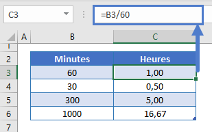 convertir minutes en heures division 60