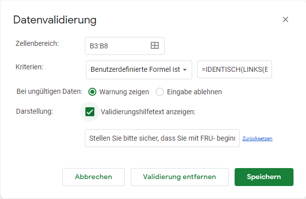 datenvalidierung benutzerdefinierte formel optionen google sheets