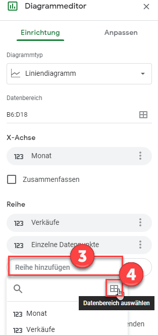 einzelne Datenpunkte hinzufügen Liniendiagramm in google sheets