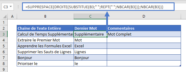 extraire dernier mot formule complete exemple dynamique