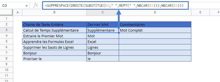 extraire dernier mot formule dynamique google sheets