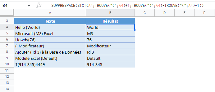 extraire texte entre caracteres parentheses google sheets