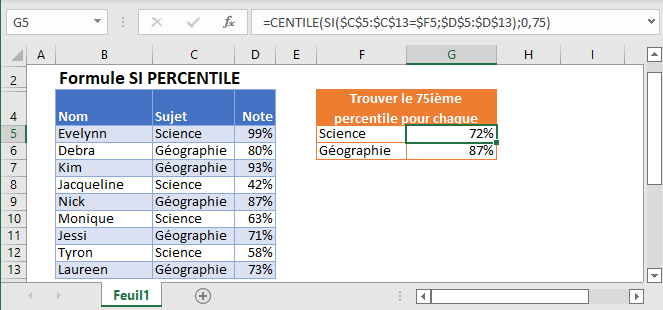 formule si percentile fonction principale