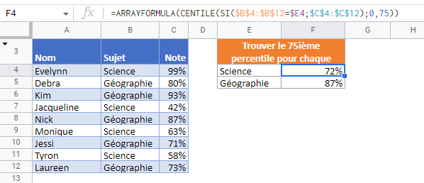 formule si percentile google sheets