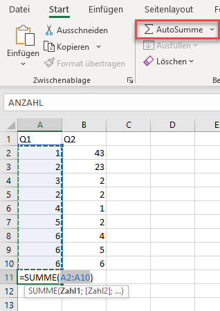 gesamte spalte aufsummieren autosumme funktion