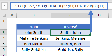 inverser prenom nom virgules convertir format inverse