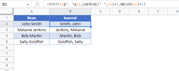 inverser prenom nom virgules google sheets