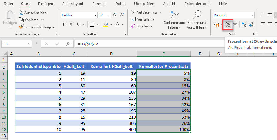 kumulativer prozentsatz zellen formatieren