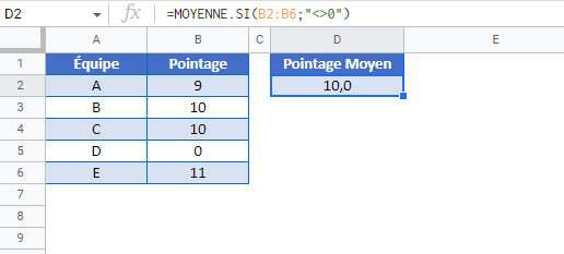 moyenne ignorer 0 google sheets