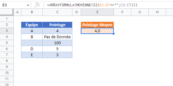 moyenne si non vide google sheets