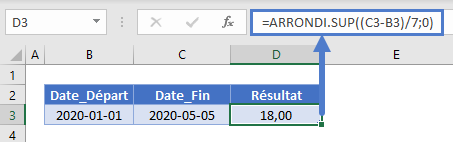 semaines entre dates fonction arrondisup