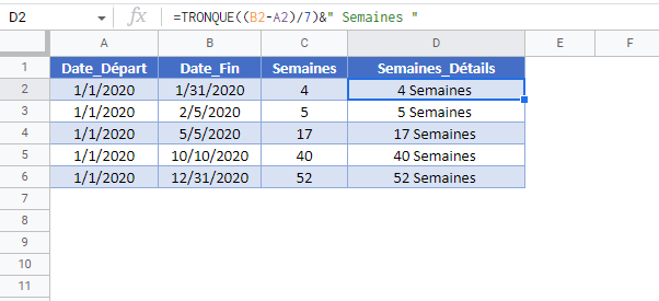 semaines entre dates google sheets