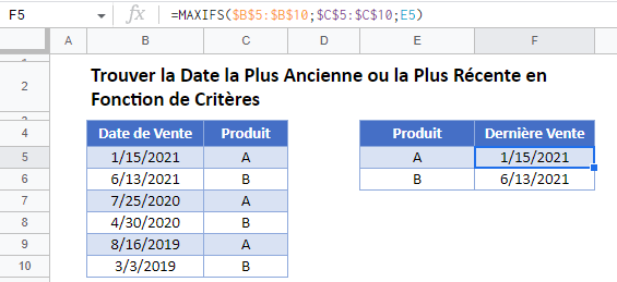 trouver date ancienne recente criteres google sheets